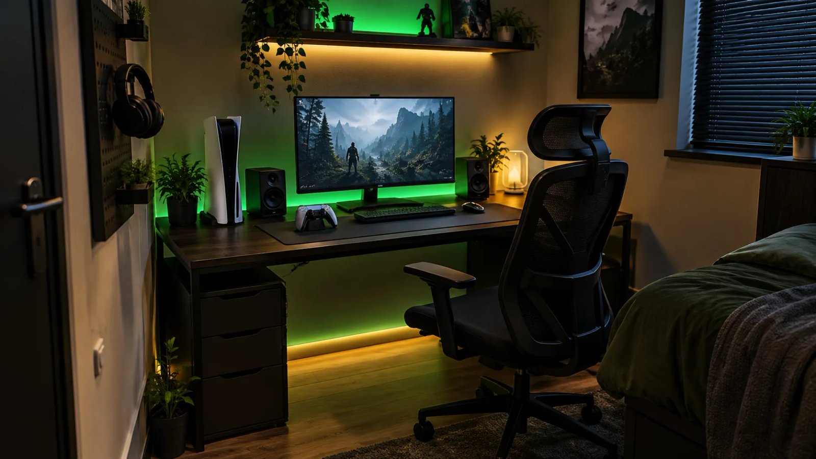 Comfort-first gaming setup with ergonomic seating and monitor positioning