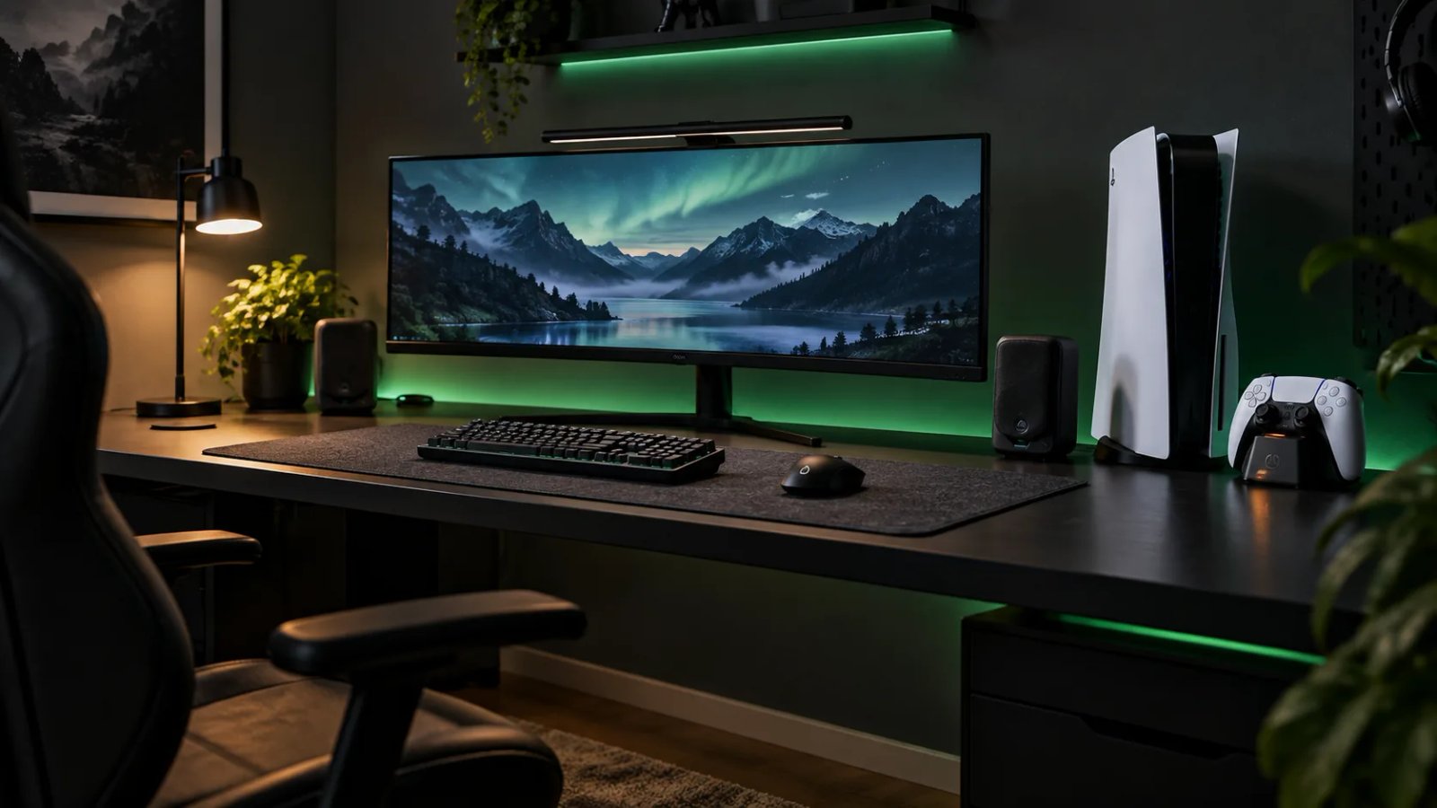 Minimal gaming desk setup with clean cable routing