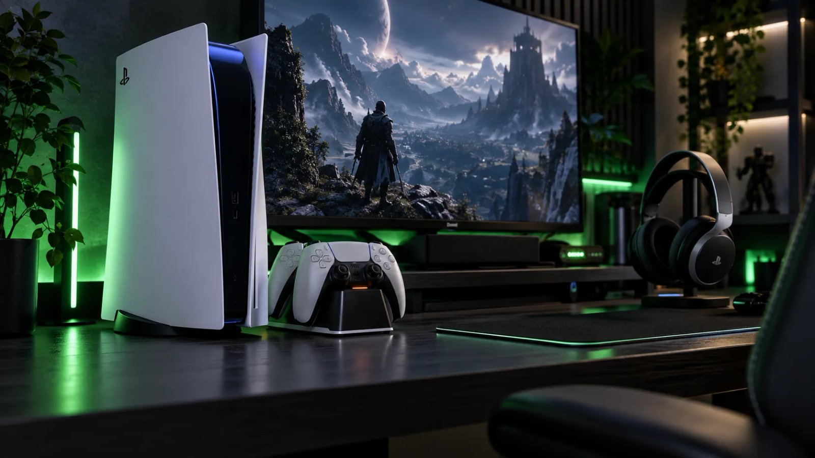 PS5 gaming setup with console, controller, charging dock and display