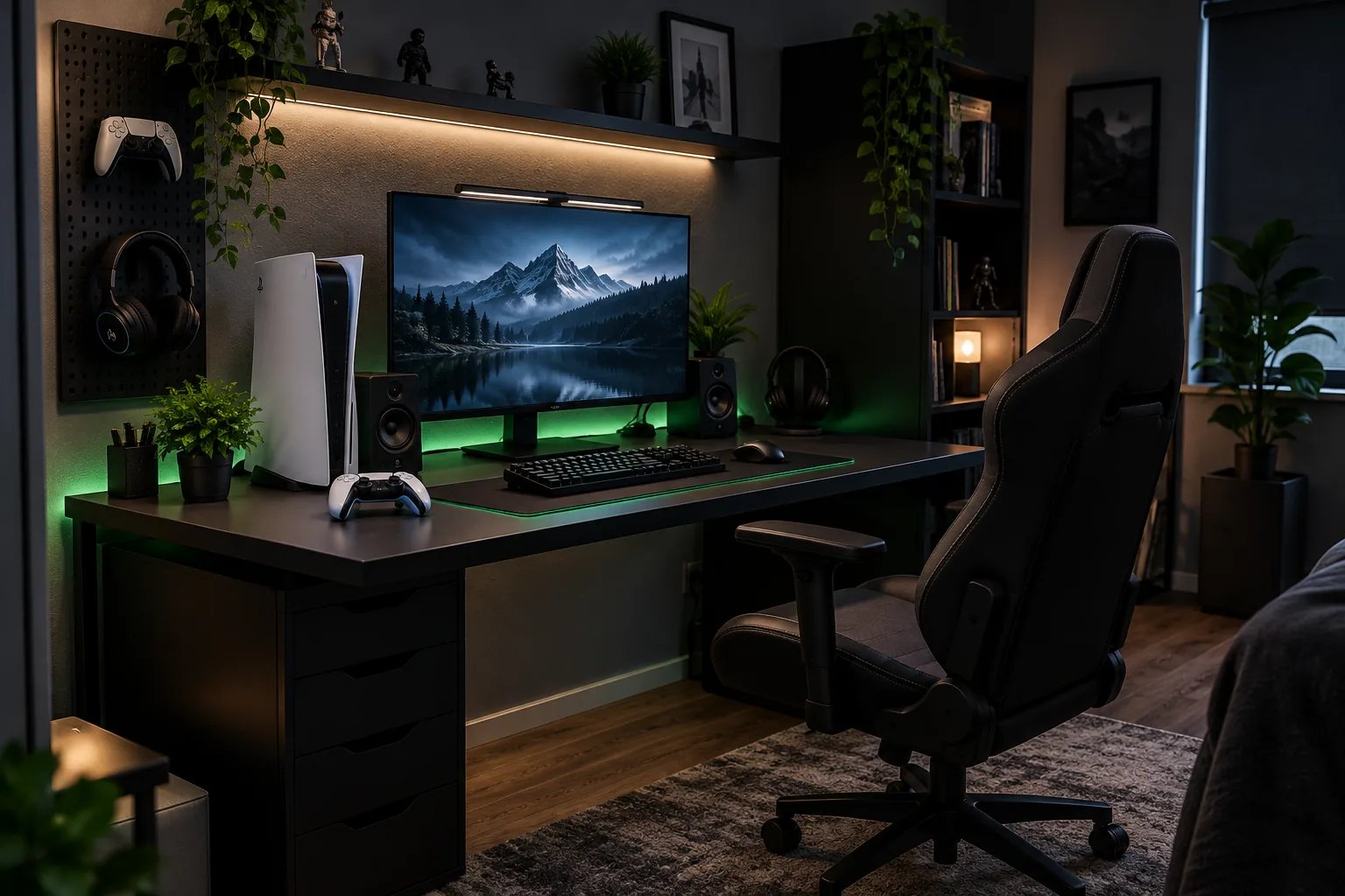 Compact small-room gaming setup with desk, display and PS5